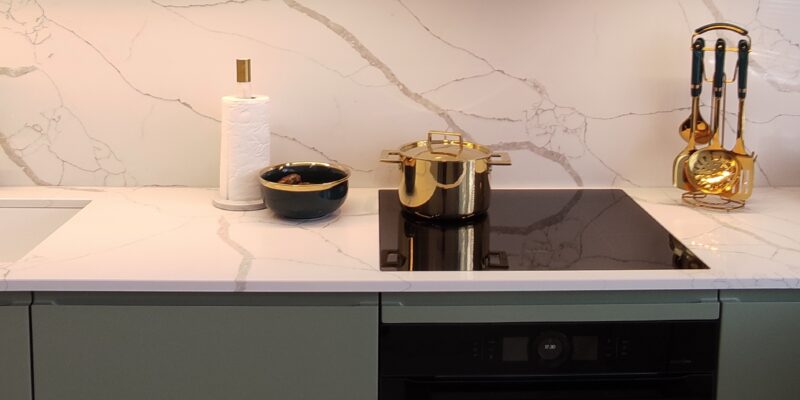 Crystal Calacatta Silva quartz worktops in the kitchen of a perfectionist